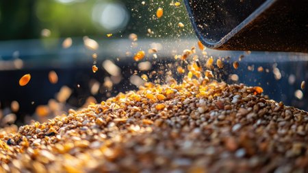 Whole grain and textured livestock feed ingredients prior to bagging and storage.